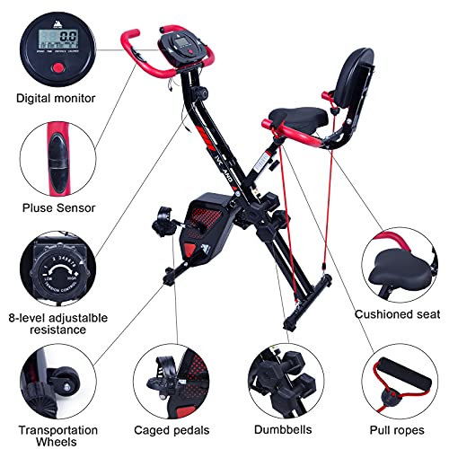 EVOLAND Bicicleta Estatica Plegable, Bicicleta Estática de Fitness Multinivel de Resistencia Magnética con Monitor Rítmo Cardíaco Viene con Mancuernas para Ejercicio Entrenamiento en Casa(Rojo+Negro)
