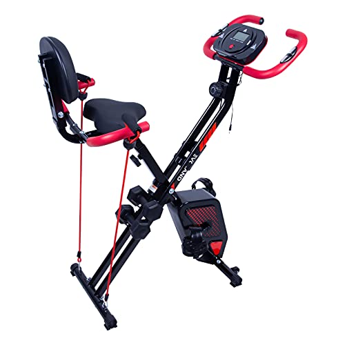 EVOLAND Bicicleta Estatica Plegable, Bicicleta Estática de Fitness Multinivel de Resistencia Magnética con Monitor Rítmo Cardíaco Viene con Mancuernas para Ejercicio Entrenamiento en Casa(Rojo+Negro)