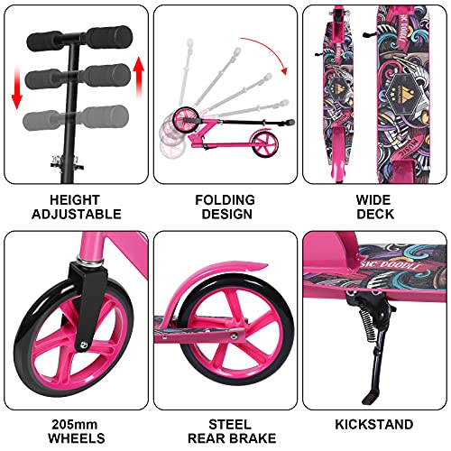 EVOLAND Patinete Plegable, Portátil Scooter con Tipo T Aleación de Aluminio, Manillar Altura Ajustable, Pedales Antideslizantes con Motivos De Graffiti, Adecuado para Niños De 3 A 12 Años Y Mayores