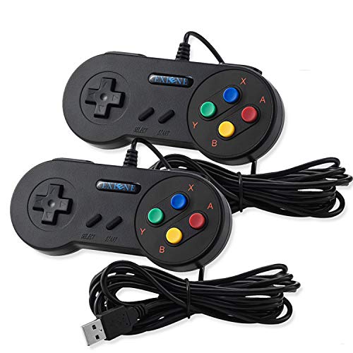 EXLENE 2 Pack SNES USB mando Controlador Gamepads 10ft/3m, Super Snes Classic Controller para PC Windows Ubuntu Raspberry Pi 3 Retropie Sega Genesis (Negro)