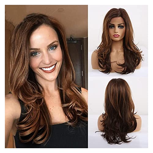 expartners Pelucas de Pelucas Europeas y Americanas Pelucas Marrones Destacando el Pelo de Mediana Longitud Curly Wigs Pelucas de Fibra química