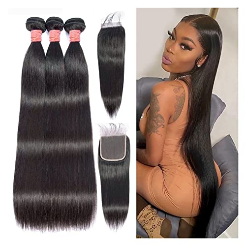 Extensiones de Cabello Paquetes de tejido de pelo peruano recto de 8-32 pulgadas con parte medio 4x4 Cierre de cordones Tejidos de cabello humano for mujeres negras 3 PCS TRATAMIENTO Y 1 PC BUNDLOS DE