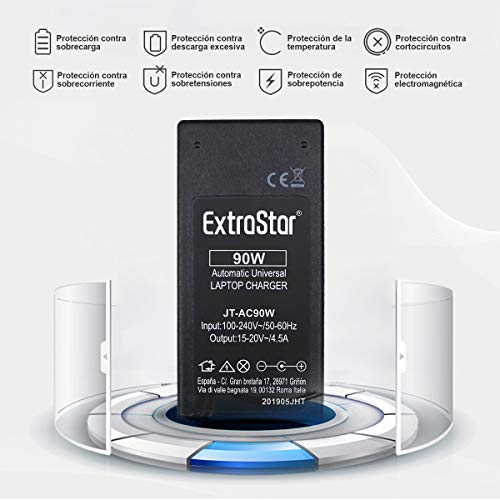 EXTRASTAR 15V 16V 18.5V 19V 19.5V 20V 4.5A 90W Cargador de Adaptador de alimentación Universal para Acer Fujitsu Gateway DELL HP Lenovo Samsung Sony Toshiba Laptop con 10 Conectores