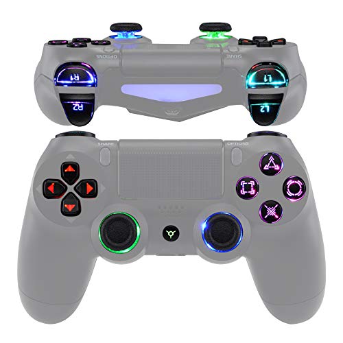 eXtremeRate Botones LED Multicolores para PS4 Control Botón de D-Pad L1 R1 R2 L2 Trigger Joysticks Home Face Teclas DTFS(DTF 2.0) Kit para PS4 Mando CUH-ZCT2 DIY 7 Áreas en 10 Colores-Símbolo Clásico