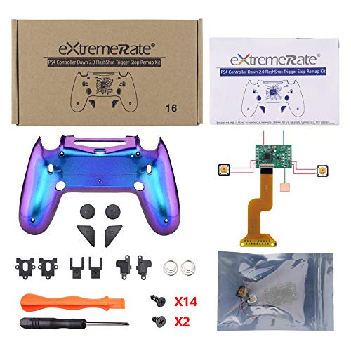 eXtremeRate Dawn 2.0 FlashShot con Remap Kit para PS4 Control CUH-ZCT2,Board de Actuelización&Carcasa Trasera&2 Botones Traseros&2 Gatillos Bloqueos para PS4 Mando JDM 040/050/055(De Azul a Violeta)