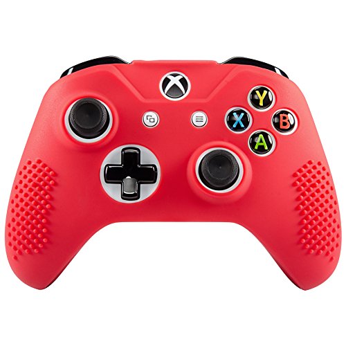 eXtremeRate Funda Silicona para Mando Xbox One Carcasa Suave Cubierta Antideslizante Protectora para Mando Controlador de Xbox One S/X con Dos Grips de Joyticks(Rojo)