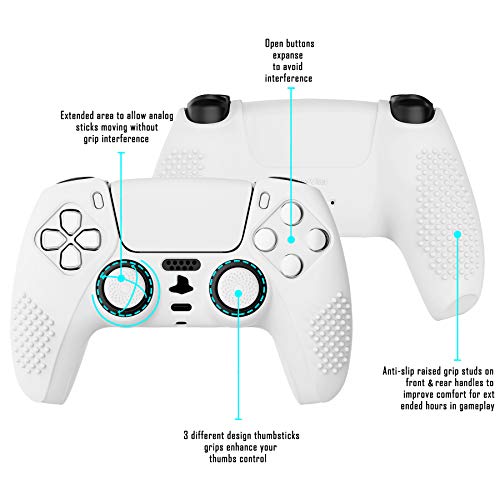 eXtremeRate PlayVital Funda de Silicona para PS5 Protector Tacto Suave Carcasa Ergonómica con 6 Tapas de Joysitcks para Playstation 5 Funda de Goma para PS5 Mando(3D Tachonado-Blanco)