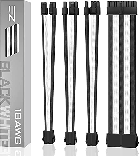 EZDIY-FAB Módulo de Cable con Funda de extensión de PSU Personalizado GPU PC Fuente de alimentación Nylon Suave Trenzado con Kit de Peine 24PIN/8PIN to 6+2Pin/ 8PIN to 4+4PIN-300MM - Negro y Blanco