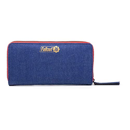 Fallout Fallout 76 Vault Denim with Embroidered Patches Purse Around Zip Wallet Monedero, 24 cm, Azul (Blue)
