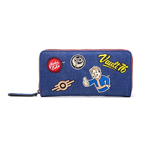 Fallout Fallout 76 Vault Denim with Embroidered Patches Purse Around Zip Wallet Monedero, 24 cm, Azul (Blue)