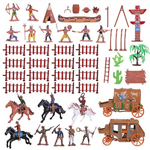 FEEE-ZC 1 Juego de Figuras de plástico de Indio y Vaquero con Tienda de Caballos Totem Wild West Cowboy Kit en Miniatura Ideal para niños como Proyecto Escolar