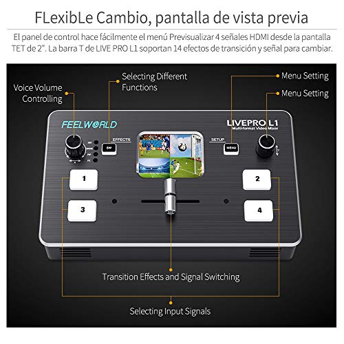 Feelworld LIVEPRO L1 Mezclador de Video multiformato Pantalla LCD de 2 Pulgadas 4 entradas HDMI Producción de múltiples cámaras Transmisión en Vivo USB3.0