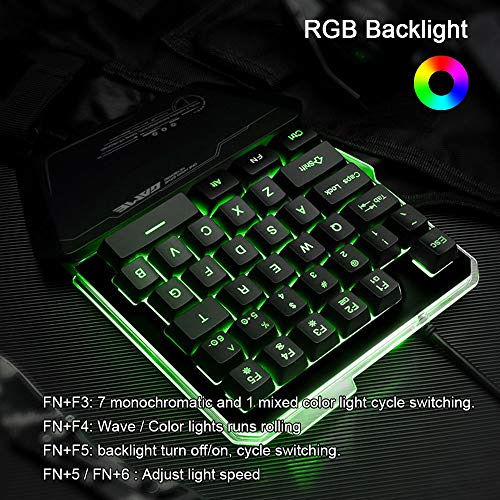 Feicuan Teclado de una Mano Gaming y ratón, Anti-Efecto Fantasma de 35 Teclas RGB retroiluminado Reposamuñecas, Ratón para Juegos con Cable con luz de respiración para PUBG Fps LOL CSGO PC Gamer