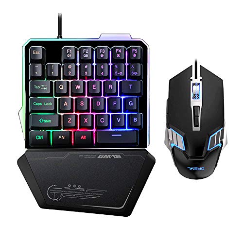 Feicuan Teclado de una Mano Gaming y ratón, Anti-Efecto Fantasma de 35 Teclas RGB retroiluminado Reposamuñecas, Ratón para Juegos con Cable con luz de respiración para PUBG Fps LOL CSGO PC Gamer