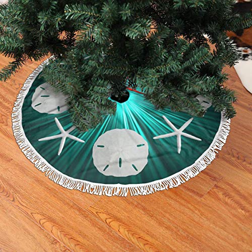 FENTINAYA Falda de árbol de Navidad de dólares de Arena de Navidad Tropical Verde Azulado, Falda de Alfombra de árbol de 30 Pulgadas con Borla para Decoraciones navideñas navideñas