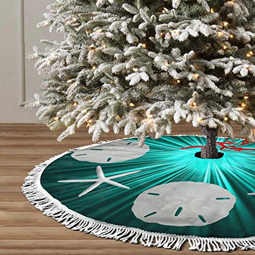 FENTINAYA Falda de árbol de Navidad de dólares de Arena de Navidad Tropical Verde Azulado, Falda de Alfombra de árbol de 30 Pulgadas con Borla para Decoraciones navideñas navideñas