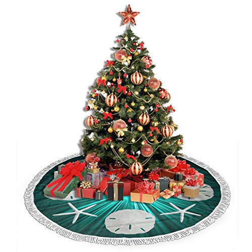 FENTINAYA Falda de árbol de Navidad de dólares de Arena de Navidad Tropical Verde Azulado, Falda de Alfombra de árbol de 30 Pulgadas con Borla para Decoraciones navideñas navideñas