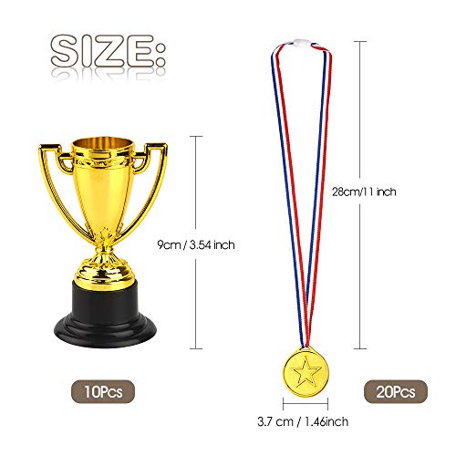 FEPITO 30 Piezas de trofeos de medallas Set 10 Piezas de Trofeo de plástico de Oro y 20 Piezas de medallas ganadoras para Kid Party Sports Awards