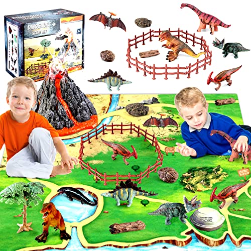 Figuras de dinosaurio de volcán de juguete con estera de juego, figuras educativas de dinosaurios realistas con volcán, piedra y árbol Dino World Playset regalos para niños y niñas