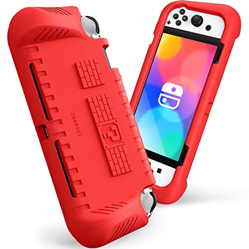 Fintie Funda Compatible con Nintendo Switch OLED (2021) con 2 Ranuras para Tarjetas de Juego - [Apta para Niños] Ultraligera a Prueba de Golpes, de Agarre Ergonómico, Rojo
