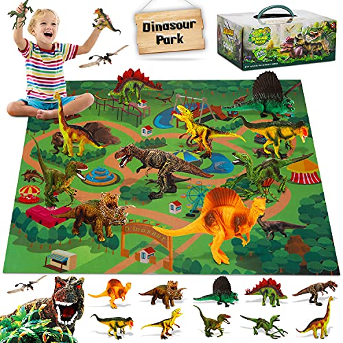 Fivejoy Juguetes de Dinosaurios, Dinosaurios Juguetes, Figuras de Dinosaurios Realistas, Juego Educativo de Dinosaurios con Tapete de Juego de Actividades para Crear un Mundo de Dinosaurios Cumpleaño