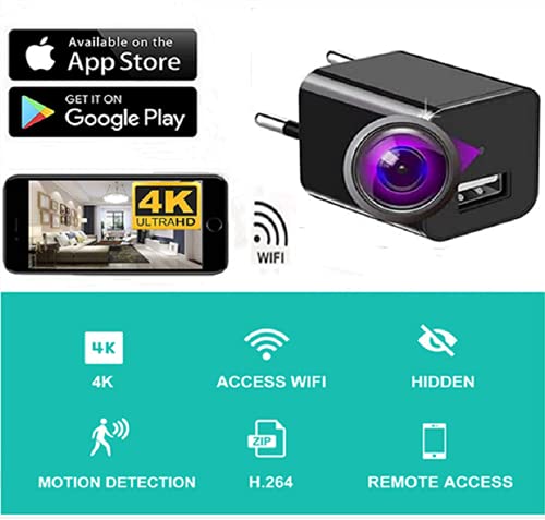 FiveSky Cámara espía Oculta HD 4K con WiFi, Cargador USB, microcámaras, indicador de detección de Movimiento, cámara de vigilancia, Control de aplicación