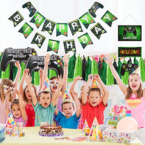 FLYFLY Sministros para Fiestas de Videojuegos con Happy Birthday Gaming Banner, Globos Conjunto de Suministros para Chicos Cumpleaños Favors de Fiesta (Set de Borlas Papel)