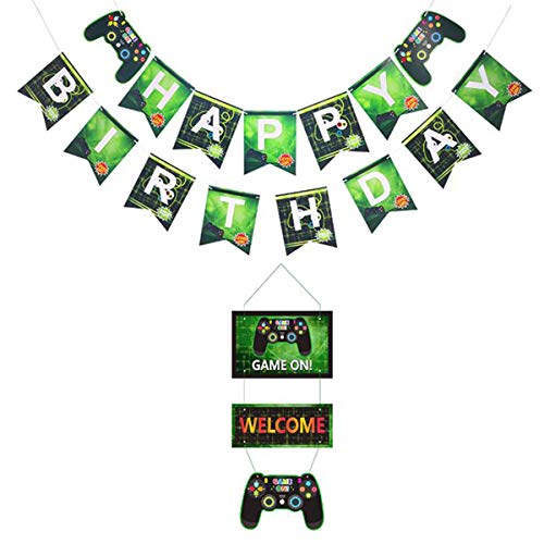 FLYFLY Sministros para Fiestas de Videojuegos con Happy Birthday Gaming Banner, Globos Conjunto de Suministros para Chicos Cumpleaños Favors de Fiesta (Set de Borlas Papel)