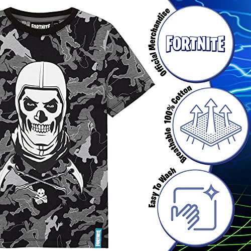 Fortnite Camiseta Niño De Manga Corta, Camiseta De Algodón con Estampado De Camuflaje, Ropa Gamer con Skull Trooper, Regalos para Niños 7-14 Años (9-10 años, Negro)