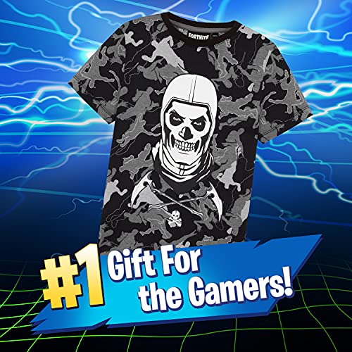 Fortnite Camiseta Niño De Manga Corta, Camiseta De Algodón con Estampado De Camuflaje, Ropa Gamer con Skull Trooper, Regalos para Niños 7-14 Años (9-10 años, Negro)