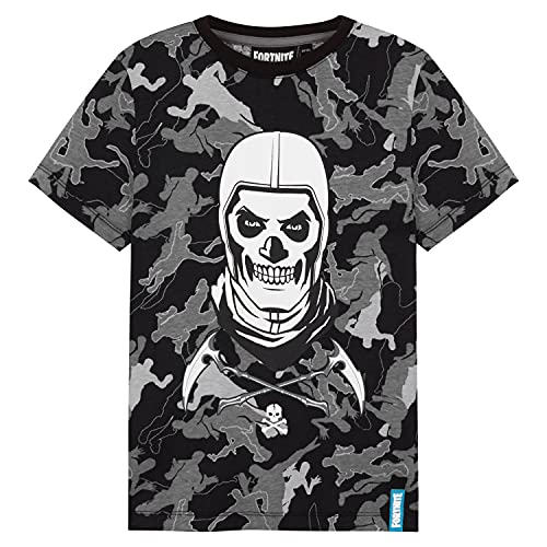 Fortnite Camiseta Niño De Manga Corta, Camiseta De Algodón con Estampado De Camuflaje, Ropa Gamer con Skull Trooper, Regalos para Niños 7-14 Años (9-10 años, Negro)