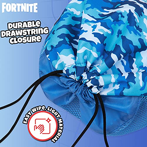 Fortnite Mochila de Cuerdas para Niños, Bolsas de Tela con Cordón para El Colegio Deportes Playa, Mochila para Gimnasio (Azul Camo)