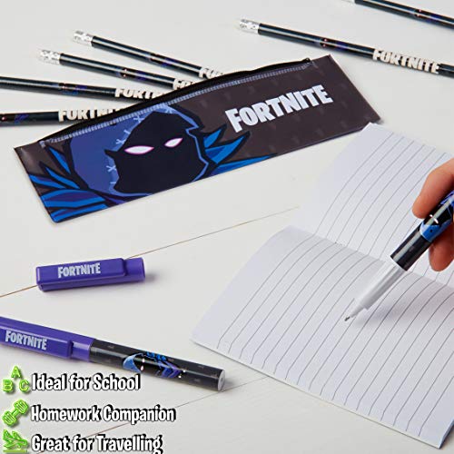 Fortnite Set Papeleria para Niños, Incluye Estuche Escolar Cuaderno A6 Lapices y Boligrafos, Material Escolar de Calidad, Regalos Cumpleaños Niños Colegio (Raven)