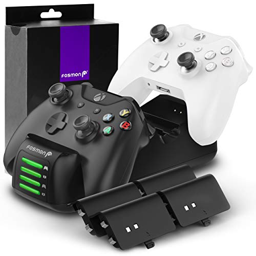Fosmon Dual Base de Cargador Compatible con Mando Xbox One/One S/One X/Elite (No para Xbox Series X/S 2020), (Doble Estación) Estación de Carga Rápida con 2X 1000mAh Ni-MH Batería Recargable - Negro