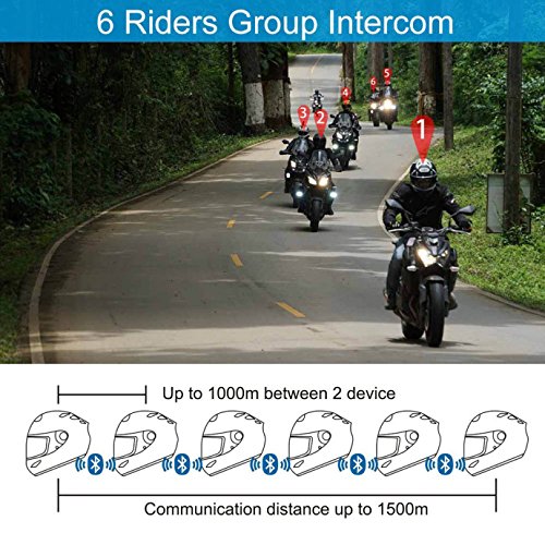 FreedConn Intercom Moto Bluetooth T-MAX Sistema de Conversación de Motocicletas 6 Conductores Intercomunicador Grupo Communicator Auricular 1000 m|FM Radio |Voice Prompt