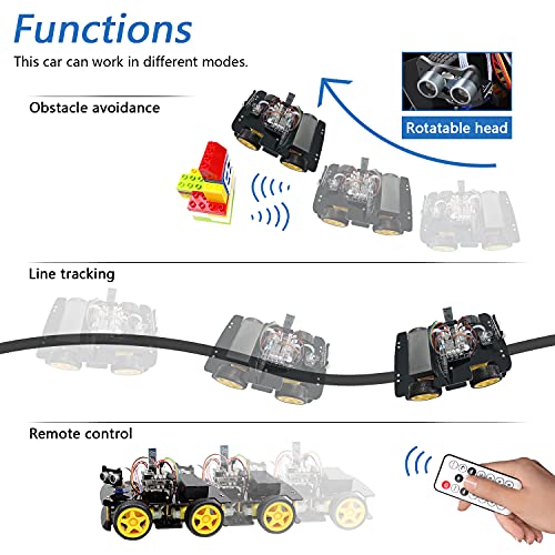 Freenove 4WD Car Kit with RF Remote (Compatible with Arduino IDE), Line Tracking, Obstacle Avoidance, Ultrasonic Sensor, Bluetooth IR Wireless Remote Control Servo