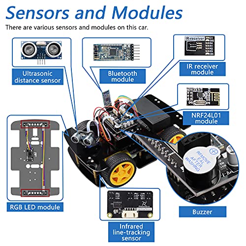 Freenove 4WD Car Kit with RF Remote (Compatible with Arduino IDE), Line Tracking, Obstacle Avoidance, Ultrasonic Sensor, Bluetooth IR Wireless Remote Control Servo