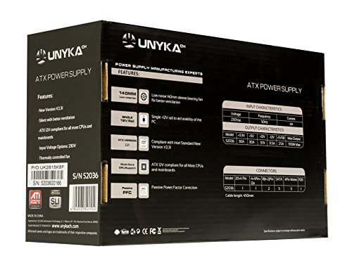 Fuente Alimentación 700W Unyka PFC-Pasivo 5Sata 14cm ATX, Negro/Rojo