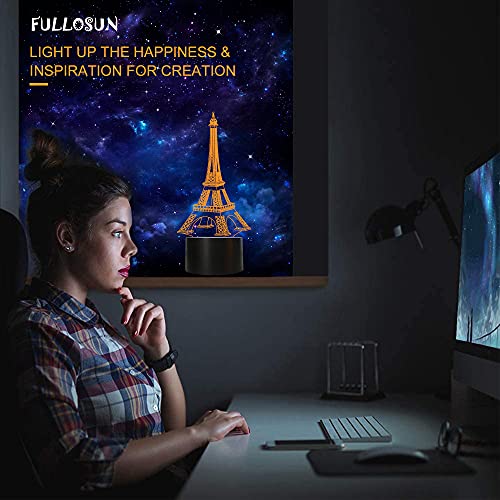 FULLOSUN Eiffel Tower Nightlight 3D Illusion Lamp Visual Bedroom Decoration LED Lamp with Remote Control 16 Color Changing Paris Fashion Style Acrylic Gifts for Birthday Xmas