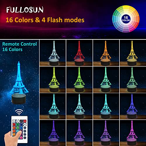 FULLOSUN Eiffel Tower Nightlight 3D Illusion Lamp Visual Bedroom Decoration LED Lamp with Remote Control 16 Color Changing Paris Fashion Style Acrylic Gifts for Birthday Xmas