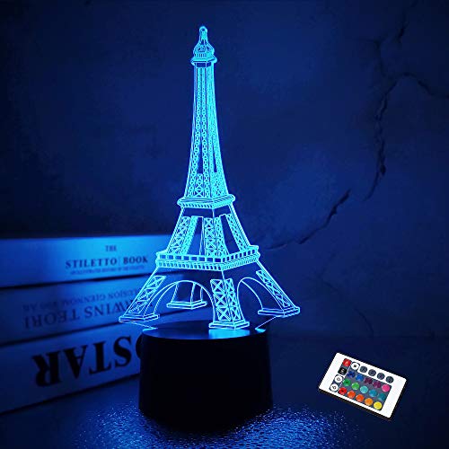 FULLOSUN Eiffel Tower Nightlight 3D Illusion Lamp Visual Bedroom Decoration LED Lamp with Remote Control 16 Color Changing Paris Fashion Style Acrylic Gifts for Birthday Xmas