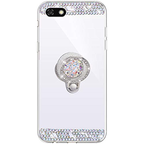 Funda Compatible con Huawei Y5 2018.Espejo Glitter Diamante Anillo Soporte Brillo TPU Transparente Silicona Suave Carcasa Cover Mirror Bling Moda Ultrafino Protective Bumper Case,Plata
