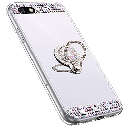 Funda Compatible con Huawei Y5 2018.Espejo Glitter Diamante Anillo Soporte Brillo TPU Transparente Silicona Suave Carcasa Cover Mirror Bling Moda Ultrafino Protective Bumper Case,Plata
