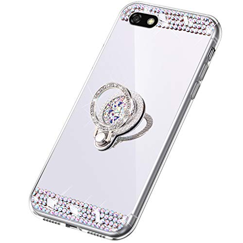 Funda Compatible con Huawei Y5 2018.Espejo Glitter Diamante Anillo Soporte Brillo TPU Transparente Silicona Suave Carcasa Cover Mirror Bling Moda Ultrafino Protective Bumper Case,Plata