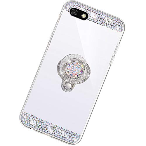 Funda Compatible con Huawei Y5 2018.Espejo Glitter Diamante Anillo Soporte Brillo TPU Transparente Silicona Suave Carcasa Cover Mirror Bling Moda Ultrafino Protective Bumper Case,Plata
