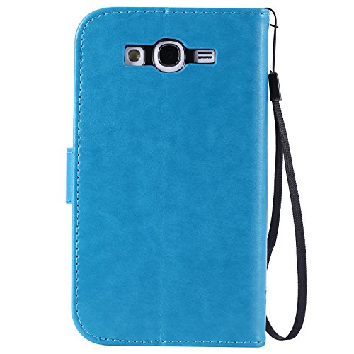 Funda Galaxy Grand Neo Galaxy Grand Plus/Grand Neo/Grand Lite,Mariposas de gato en relieve flores florales Cuero PU Fundas Carcasa Delgado Billetera Cartera Flip Stand Carcasa Case Cover,Azul