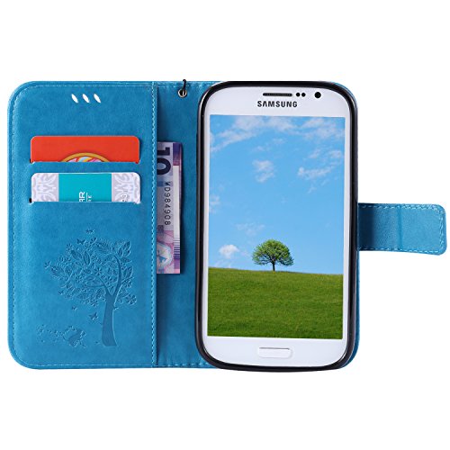 Funda Galaxy Grand Neo Galaxy Grand Plus/Grand Neo/Grand Lite,Mariposas de gato en relieve flores florales Cuero PU Fundas Carcasa Delgado Billetera Cartera Flip Stand Carcasa Case Cover,Azul