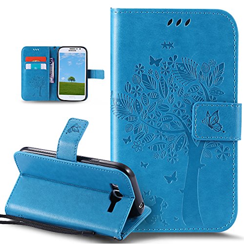 Funda Galaxy Grand Neo Galaxy Grand Plus/Grand Neo/Grand Lite,Mariposas de gato en relieve flores florales Cuero PU Fundas Carcasa Delgado Billetera Cartera Flip Stand Carcasa Case Cover,Azul