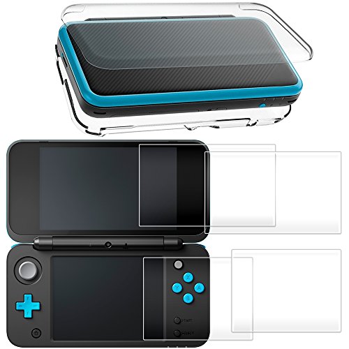 Funda rígido para Nintendo New 2DS XL con Protector de Pantalla, AFUNTA Case dura y transparente, con 4 Vidrio templado Películas de protección para pantalla superior e inferior