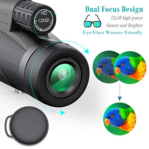Gafild Monocular, 12 x 50 HD Monocular Impermeable monoculo telescopio portatil para Viajes de Caza, Juego de Pelota, Concierto con Adaptador de Soporte para Smartphone y trípode